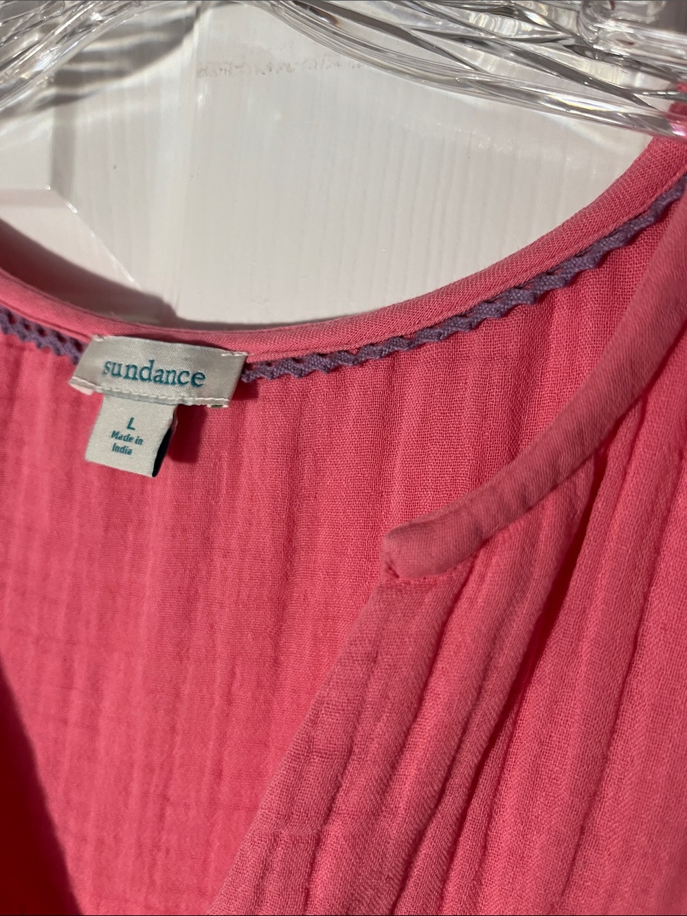 Sundance KAORI cotton crinkle gauze coral pullover short bell sleeves vneck LG - Picture 4 of 9